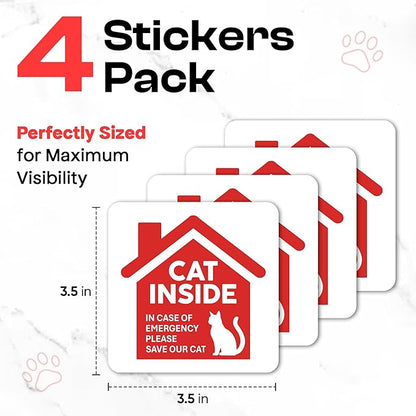 | Cat Inside Sticker (4 Pack), Size 3.5x3.5 – Durable, Waterproof, Strong Adhesive Cat Inside Emergency Sticker for Door and Windows