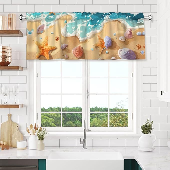 Beach Starfish Curtain Valance Short Rod Pocket Window Treatment for Living Room Bedroom Kitchen Bathroom 1 Panel 54" W x 18" L