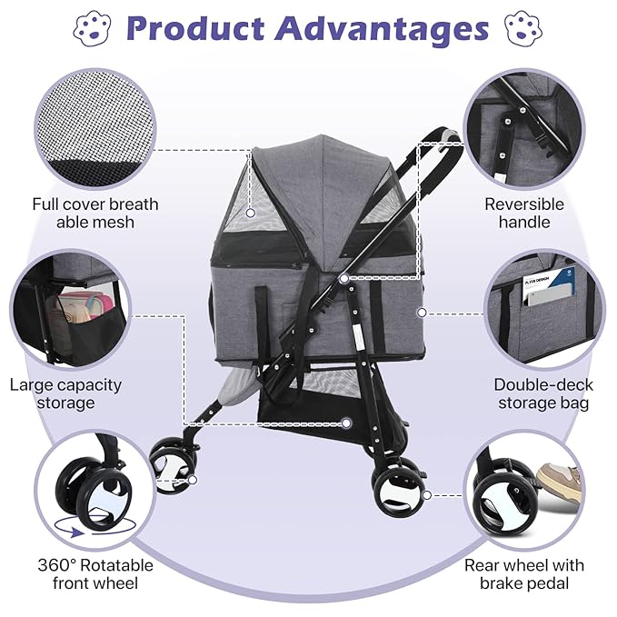 3-in-1 Folding Pet Stroller 3 Wheels Dog Cat Stroller with Detachable Carrier, Grey