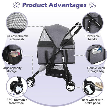 3-in-1 Folding Pet Stroller 3 Wheels Dog Cat Stroller with Detachable Carrier, Grey