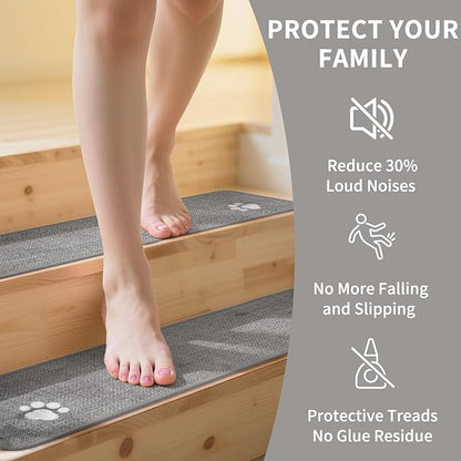 Stair Treads Non Slip Indoor 15PCS, Rubber Backing Stair Runner Rugs for Wooden Steps, Residue Free Stair Carpet Treads for Kids Elders and Pets, Machine Washable Stair Mats, Gray, 8" x 30"