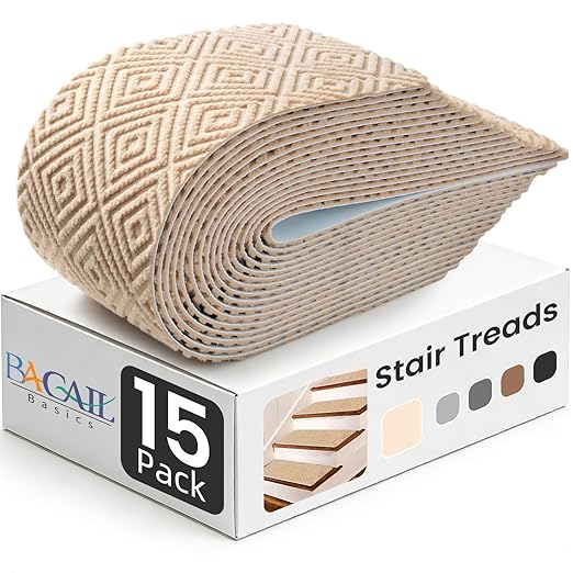 BAGAIL 15 Pack Non-Slip Stair Treads for Wooden Steps, 8"x30" Peel and Stick Carpet Stair Runners, Machine Washable Indoor Step Covers with No-Residue Adhesive for Dogs, Kids & Elderly - Beige