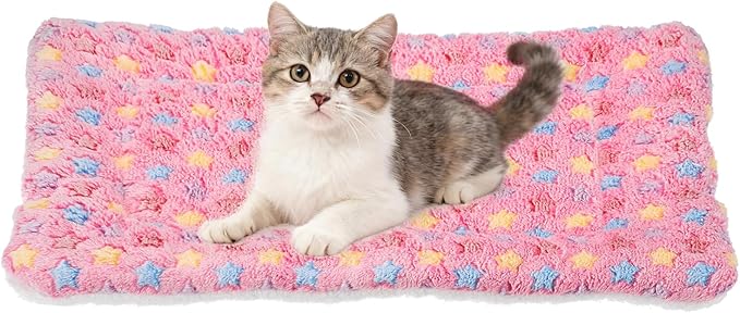 Dog Cat Bed Mat, Soft Coral Fleece Pet Cushion Pad with Cute Star Print, Warm Washable Pet Bed 21x14 Inches, (Pink), Intended for Medium Small Dog Cat