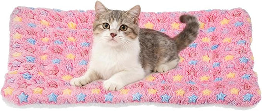 Dog Cat Bed Mat, Soft Coral Fleece Pet Cushion Pad with Cute Star Print, Warm Washable Pet Bed 21x14 Inches, (Pink), Intended for Medium Small Dog Cat
