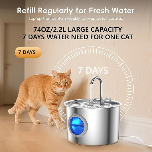 2.2L Stainless Steel Cat Fountain Ultra-Quiet (Under 25dB) & LED Water Level Window, 3-Stage Filtered Flowing Water for Cats, Easy-Clean, Perfect for Indoor Cats, Silver(74oz Cat Fountain + 6 Filters)