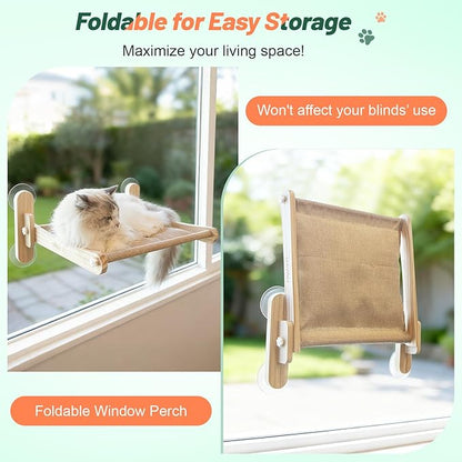 Foldable Cat Window Perch - Natural Pine Cat Sill Seat, 50LBS Heavy Duty Cordless Design, Space-Saving No-Scratch Window Hammock for Indoor Cats