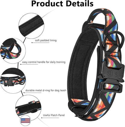 DAGANXI Tactical Dog Collar, Adjustable Military Training Nylon Dog Collar with Control Handle and Heavy Metal Buckle for Medium and Large Dogs, with Patches & Airtags Case (L, Colorful Triangle-Set)