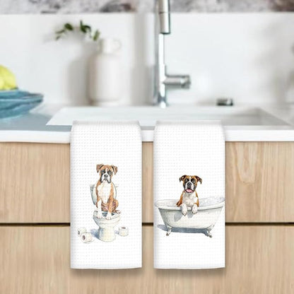 Funny Boxer Dog Hand Towels Set of 2, Cute Puppy Pet Decor for Bathroom, Gifts for Boxer Dog Owners Lovers, Funny Pet Lovers Gifts Toilet Hand Towels for Bathroom Washroom, 16x24In