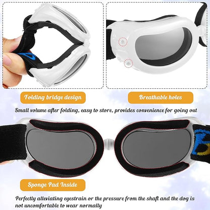 Frienda Dog Helmet and Goggles, UV Protection Doggy Sunglasses and 4 Inch Padded Puppy Motorcycle Helmet Adorable Dog Goggles with Adjustable Belt for Small Dogs Puppy Riding(White,S)