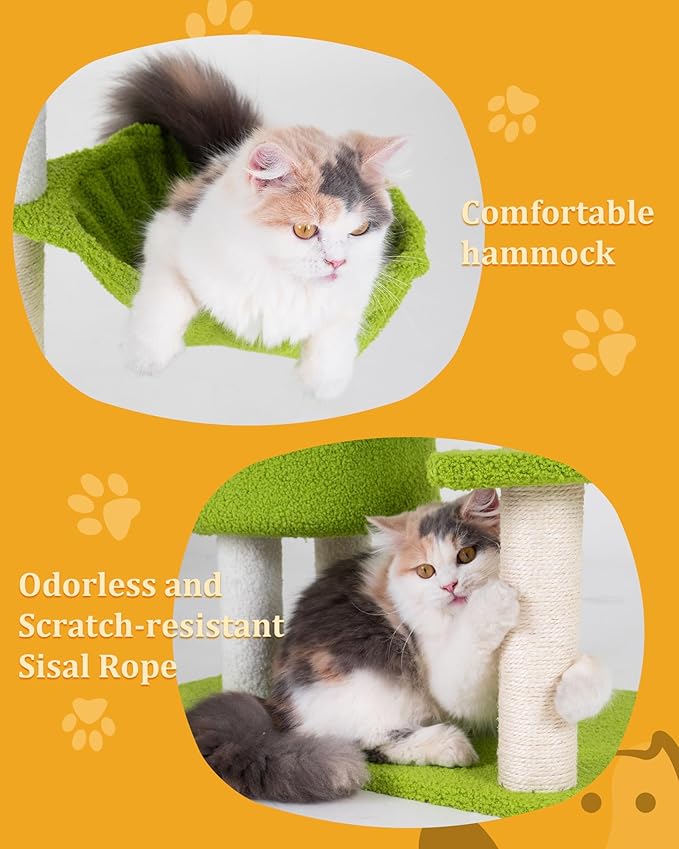 Aechonow 41.2'' Flower Cat Tree with 3 Scratching Posts, Small Cat Tower Cute for Indoor Girl Cat, Cozy Condo Cave Hammock Perch Bed for Kitten Pet, Green