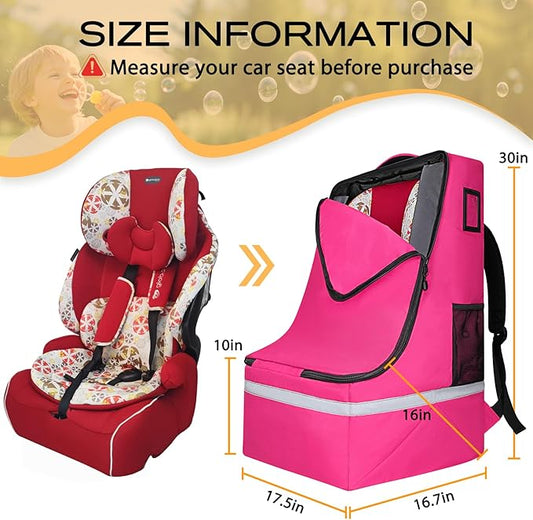 LARIPOP Car Seat Travel Bag for Airplane Gate Check Approved, Padded Backpack with Adjustable Straps, Reflective Strips & Protective Feet for Infant Convertible Booster Seats, Pink