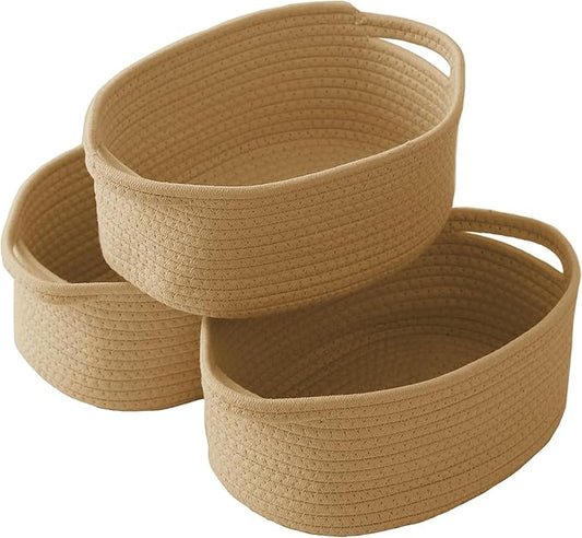 Woven Basket,Small Rope Storage Bin with Handles & Ribbon Bag, Organizer for Shelves Closets,Gift Basket Empty for Birthday,Books,Dog Toys, Jute/3 Pack