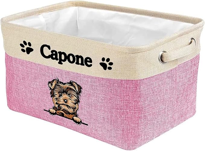 Personalized Foldable Storage Basket with Cute Dog Yorkie Collapsible Sturdy Fabric Pet Toys Storage Bin Cube with Handles for Organizing Shelf Home Closet, Pink and White