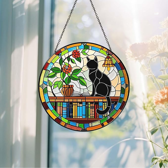 Cat Sun Catcher Stained Glass Window Hanging Book Lover Gifts for Women Book Wall Decor Handmade Sun Catcher Black Cat Sitting On Bookshelf Decoration for Home Room Housewarming Gifts