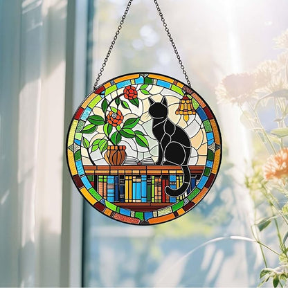 Cat Sun Catcher Stained Glass Window Hanging Book Lover Gifts for Women Book Wall Decor Handmade Sun Catcher Black Cat Sitting On Bookshelf Decoration for Home Room Housewarming Gifts