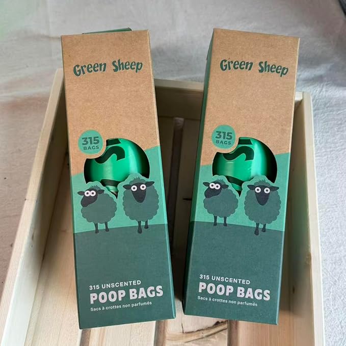 Green Sheep Dog Poop Bags & Cat Litter Bags, 315 Unscented Waste Bags, Made with Corn Starch, PLA & PBAT, Doggie Bags for Poop, Poo Bags Rolls for Dogs & Cats