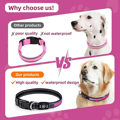 Light Up Dog Collar: Rechargeable Waterproof Safety Pet Accessories - Glow in The Dark Dogs Collars for Night Walking - Best Flashing Neon Pink Lights and Glowing Lighted Gear in Nite Time