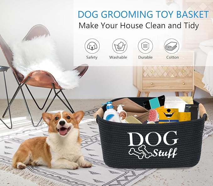 Durable Cotton Rope Dog Toy Storage, Large Dog bin, pet Bed, Puppy Toy Box - Perfect for organizing pet Toys, Blankets, leashes, Clothing and Any Doggie Stuff - Black