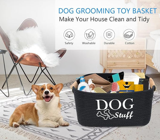 Durable Cotton Rope Dog Toy Storage, Large Dog bin, pet Bed, Puppy Toy Box - Perfect for organizing pet Toys, Blankets, leashes, Clothing and Any Doggie Stuff - Black