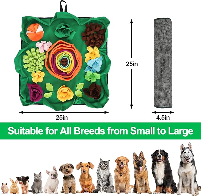 Vextronic Snuffle Mat for Dogs Large Breed Small Medium, 25''x25'' Dog Sniffing Mat, Interactive Puzzle Foraging Mat for Dogs, Dog Slow Feeder Mat, Encourages Natural Foraging Skills for Cats Rabbits
