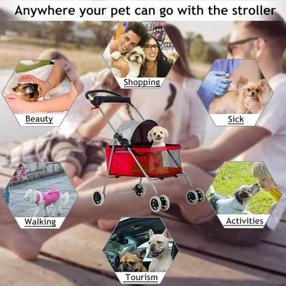 Cat Dog Stroller for Small & Medium Dogs Up to 35Lbs Kitten Doggie Cage Waterproof Foldable Travel Carrier Puppy Strolling Cart Durable 4 Wheels Large Pet Stroller Jogger with Cup Holders, Red