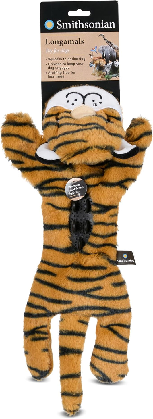 Smithsonian Longamals Tiger Plush Dog Toy – 20" Crinkle & Squeaky, Stuffing-Free Interactive Tug Toy for Medium & Large Dogs
