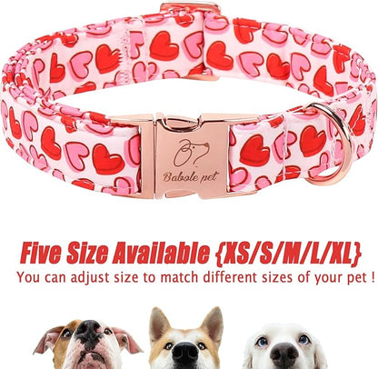 Valentines Dog Collar, Pink Heart Print Girl Dog Collars, Cute Valentine Puppy Collars, Adjustable Heavy Duty Pet Collar for Small Medium Large Dogs with Metal Buckle XL