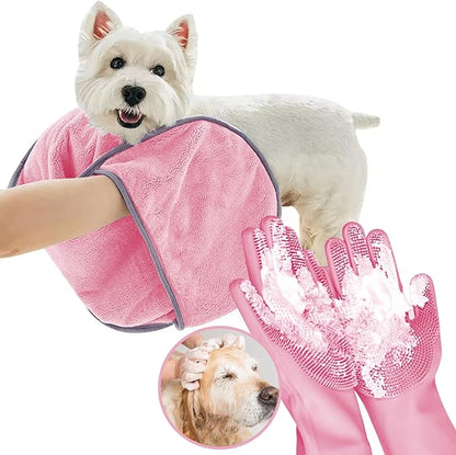 Dog Washing Gloves - Quick Drying Dog Towel,Cat Bath Grooming Gloves Brush with High-Density Teeth for Bathing Massaging，Absorbent Pet Bath Towel 30.3"x13.8" with Hand Pocket for Dog Cat Pink