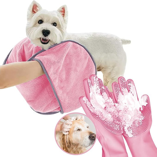 Dog Washing Gloves - Quick Drying Dog Towel,Cat Bath Grooming Gloves Brush with High-Density Teeth for Bathing Massaging，Absorbent Pet Bath Towel 30.3"x13.8" with Hand Pocket for Dog Cat Pink
