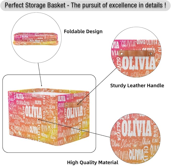 Personalized Storage Basket with Name, Rectangle Toys Storage Bin with Handles for Baby, Boys, Girls, Collapsible Basket for Clothes, Books, Shiny Glitter Starry Red Orange