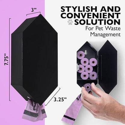 Dog Poop Bag Dispenser, Stainless-Steel and Powdercoated Black with Magnetic Door Latch, Indoor and Outdoor Rated, (Holds 8-9 Rolls-Not Included), 7.75" x 3.25", Black