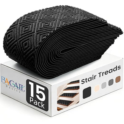 BAGAIL 15 Pack Non-Slip Stair Treads for Wooden Steps, 8"x30" Peel and Stick Carpet Stair Runners, Machine Washable Indoor Step Covers with No-Residue Adhesive for Dogs, Kids & Elderly - Black