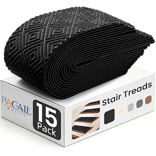 BAGAIL 15 Pack Non-Slip Stair Treads for Wooden Steps, 8"x30" Peel and Stick Carpet Stair Runners, Machine Washable Indoor Step Covers with No-Residue Adhesive for Dogs, Kids & Elderly - Black