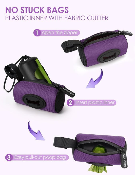 Gobeigo【Easy Pull-Out Version】 Dog Poop Bag Holder,【2-in-1 Hard Plastic Insert & Soft Fabric Bag】Snap-On Strap Dispenser Fits Retractable and Standard Leashes with 1 Roll Bags (Purple)
