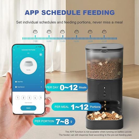 2.4G Automatic Cat Feeder, Cat Food Dispenser with 10s Voice Recorder, Pet Feeder up to 8 Meals per Day, Timed Feeder with Dry Food Sealed Ring (Black, 4L-WiFi)