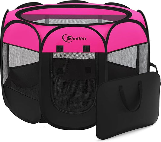 Dog Playpen, Puppy Pet Playpens Indoor for Small Dogs Tent Crates Cage Indoor/Outdoor, Portable Pop Up Dog Kennel Playpen with Carrying Case for Dogs/Cats/Rabbits, Hot Pink
