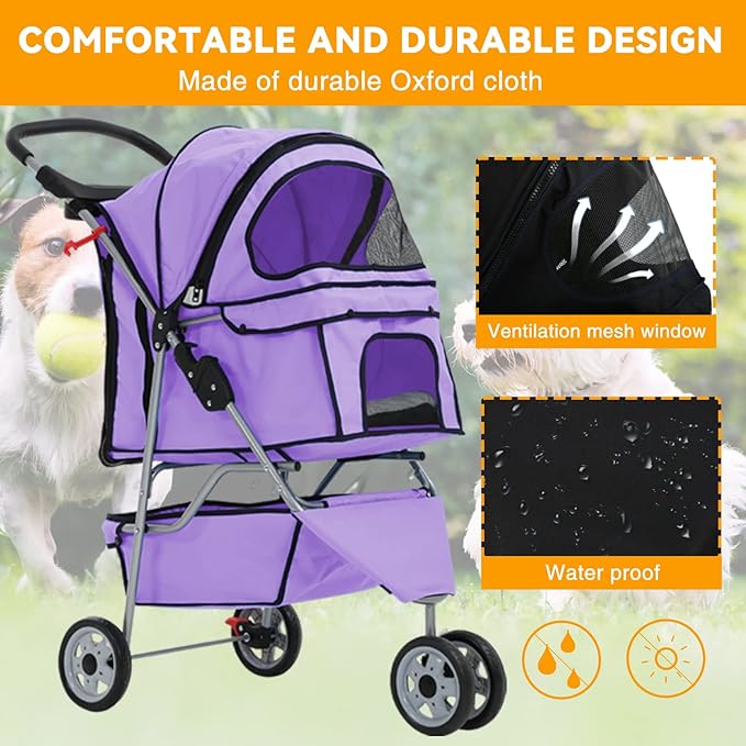 HCY Folding Dog Stroller, 3 Wheels Cat Strollers Pet Gear for Small Medium Cats Dogs Puppy with Storage Basket, Cup Holder,Lightweight-Purple, 35.04inchx17.32inchx38.58inch