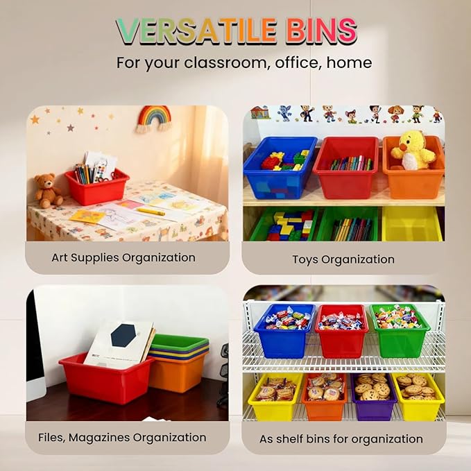 RAUVOLFIA 6 Pack Small Cubby Bin Storage Bins, Multi-Purpose Plastic Storage Bins Stackable Organizer Storage Cubbies for Home, Playroom, Classroom (Rainbow)