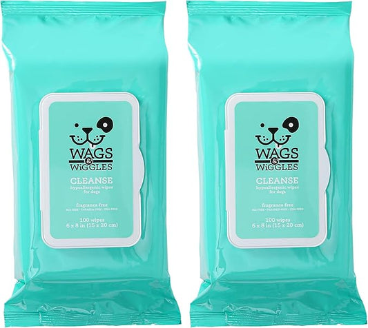 Wags & Wiggles Hypoallergenic Dog Wipes for Sensitive Skin, Fragrance Free Waterless Cleansing Towelettes for Paws Face Body & Rear, No SLS DEA Parabens, 100 Count - 2 Pack