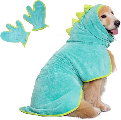 Pawyee Super Soft Fast-Drying Dog Towel Set for Cold Weather, Beach, Pool - Adjustable Microfiber Bath Robe with Drying Gloves for Cats and Dogs (Large, Pink Dino)