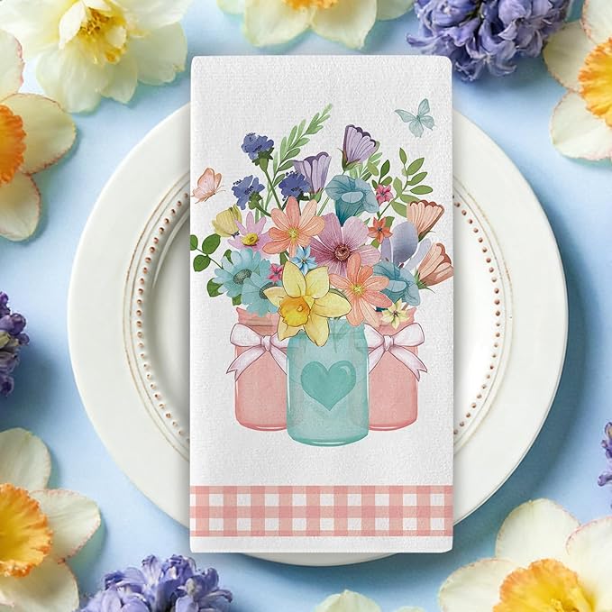 Spring Summer Floral Kitchen Dish Towels Set of 2, Home Sweet Home Floral Wreath Drying Hand Towel Baking Cooking Cloth, Pink Plaid Mason Jar Family Farmhouse Bathroom Decoration 18'' x 26''