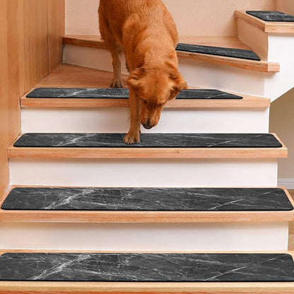 Non Slip Rubber Carpet Stair Treads for Wooden Steps Indoor, 15 Pack Slip Resistant Stair Rug Staircase Step Treads Pads for Pet, Kids and Elderly, Black Marble