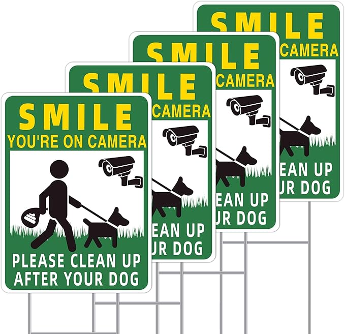 Clean UP After Your Dog Signs, 4-Pack 13"x10" Double-Sided H-Stake Metal Stakes Dog Poop Signs for Lawn, Pick Up After Your Dog Sign