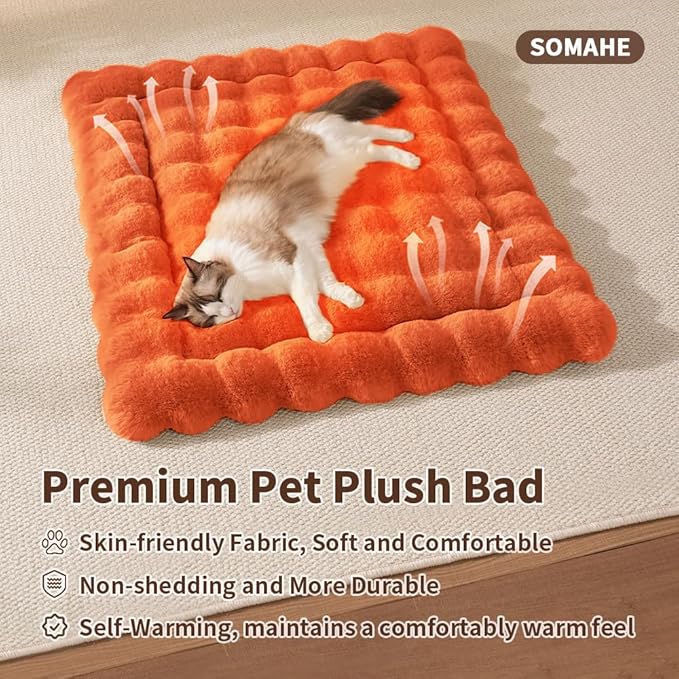 Cat Bed Mat, Soft Plush Faux Fur Kneading Pet Bed, Machine Washable Cat Sleeping Pad for Indoor Cats & Kittens, Non-Slip Fluffy Cat Rug for Couch Sofa Floor, 23x15 Inch Orange