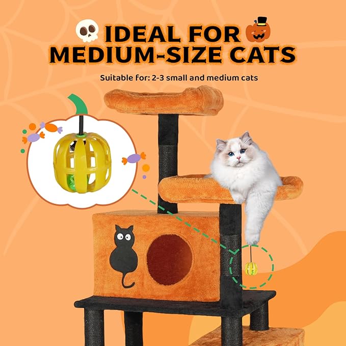 VINGLI 61.1in Halloween Cat Tree, Large Cat Tower with 2 Cat Condos, 2 Padded Perches, 2 Hammocks, Scratching Posts & Hanging Toy, Black & Orange Multi-Level Cat Furniture for Large Cats