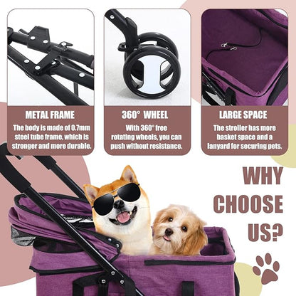 NChanmar Dog Stroller Cat Pet stoller 3-in-1 Folding for Small Medium Dogs Cats with Detachable Carrier Storage Basket Waterproof Lightweight Travel,Purple, 3 Wheels, 7.0 kilograms