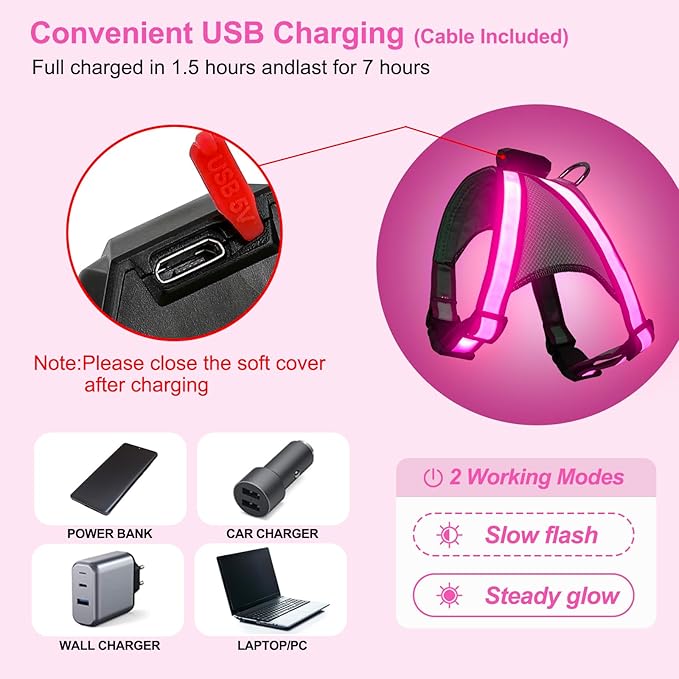 Visinite LED Dog Harness, USB Rechargeable Light Up Dog Vest, 2 Illuminate Modes Glow in The Dark Dog Harness, Adjustable Lighted Pet Harness Light for Night Walking Safety (Pink, L)