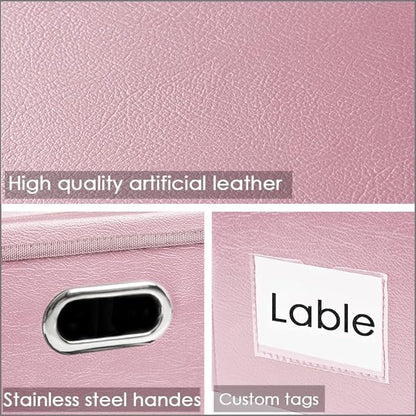 PRANDOM Collapsible Storage Box with Lid [1-Pack] Leather Fabric Foldable Storage Bin Organizer Container Basket Cube with Cover for Home Bedroom Closet Office Nursery Pink (22.8X15.7X11.8)