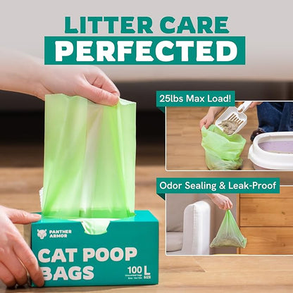 Panther Armor Litter Bags - 200x Unscented Compostable Cat Poop Bags 16x12in- Kitty Leak Proof Box Trash, Odor Proof Litter Disposal Bags