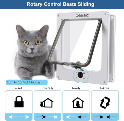 CEESC Large Cat Door for Interior/Exterior Door, Weatherproof, White, Rotary 4 Way Locking Pet Door for Cats & Dogs with Circumference < 23.62", Upgraded Version